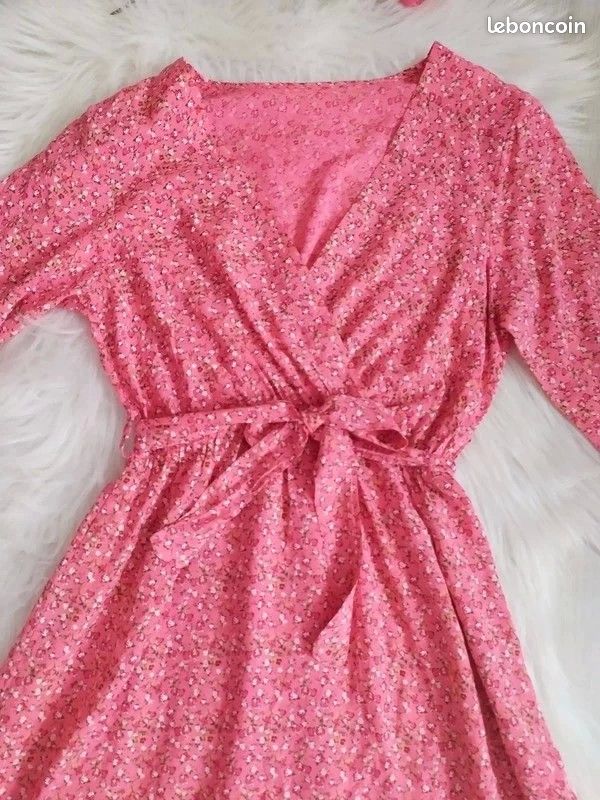 Robe été coton fleuri petites fleurs liberty rétro vintage col cache-coeur ceinture manches 3/4 (image 2)