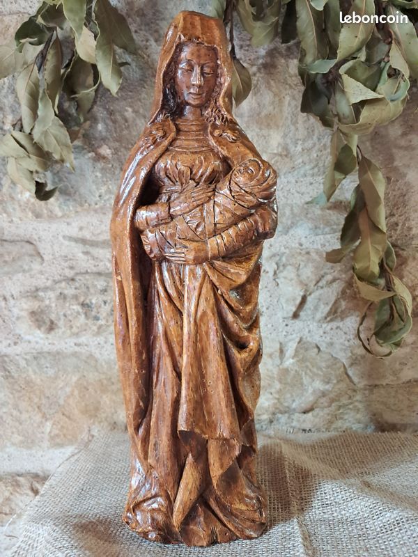 Statuette Vierge En Bois Sculpté – Début XXème – 33,5 Cm – Art Populaire Français