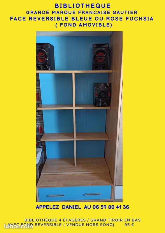 Bibliothèque Gautier chambre enfant ou ado faces avec un fond de couleur interchangeable (Bleu ou Fushia) (image 3)