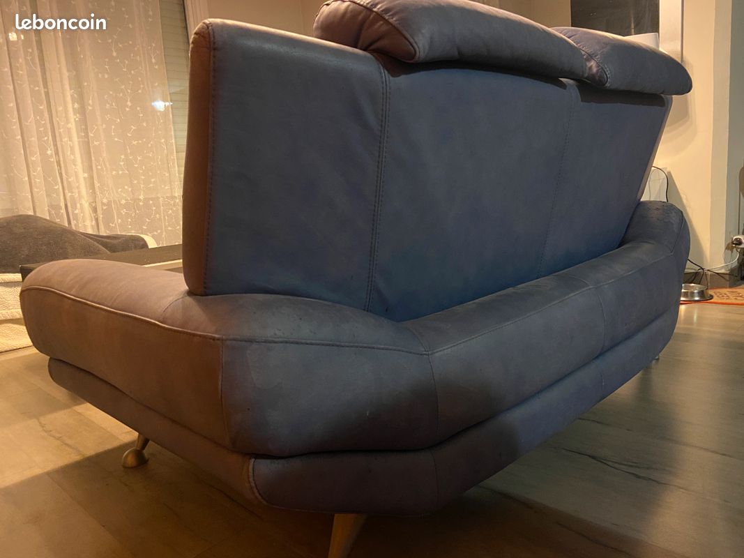 Canapé et Pouf Cuir bleu gris Design (image 7)