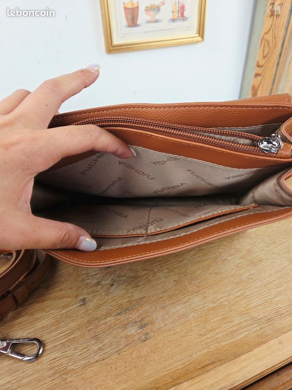 Sac à main façon cartable cuir marron cognac, marque Fuchsia, bon état (image 11)