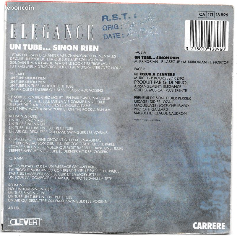 Elégance : Un Tube... Sinon Rien / Le Coeur à l'envers [Vinyle 45 tours 7"] 1985 (image 2)