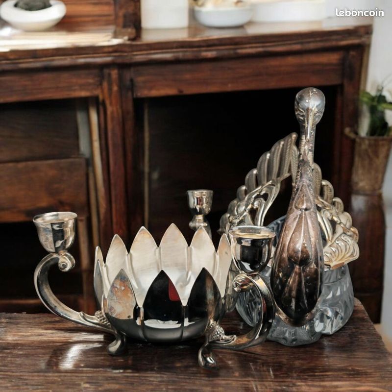 Lot métal argenté bougeoir et coupe cygne, hauteur du cygne 22 cm - Décoration