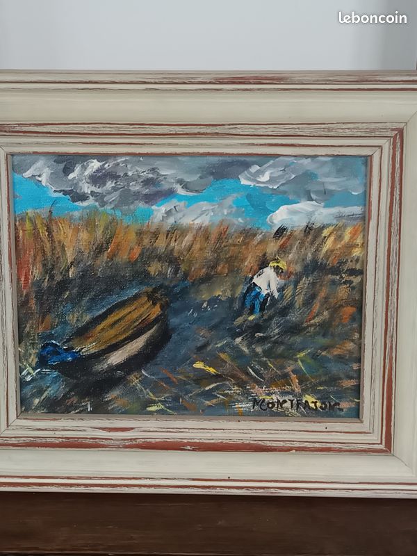 Petite huile sur toile encadrée représentant les roseaux de Gallician en Camargue (image 7)