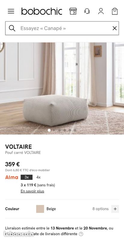 Pouf Bobochic Voltaire Neuf - Velours Côtelé Beige, 70x60 Cm