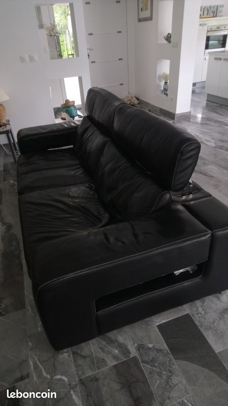Canapé cuir noir 3 places + 1 fauteuil (image 2)