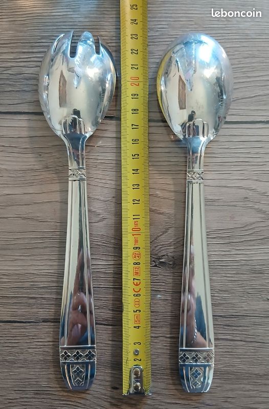 Paire De Couverts à Salade – Fourchette Et Cuillère – Métal Argenté – 25,5 Cm