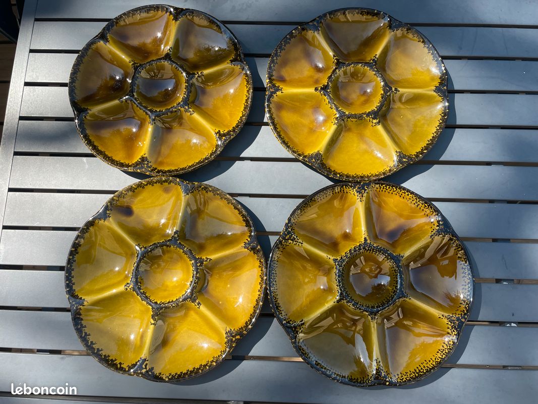 4 ASSIETTES à HUÎTRES Vintage Faïence émaillée GIEN France Années 60 – 70 (image 7)