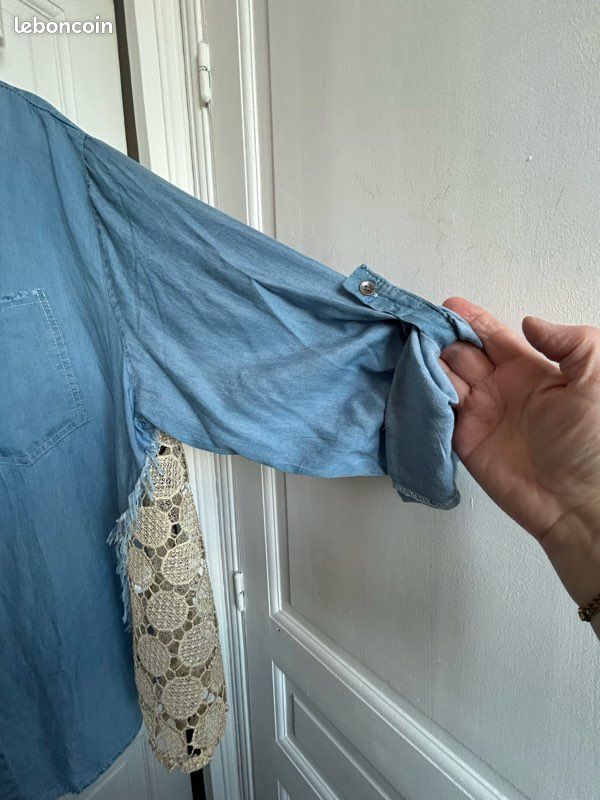 Chemise, veste en lyocel bleu jean et broderie anglaise beige, doré - TU jusqu’au 52 - neuve (image 6)