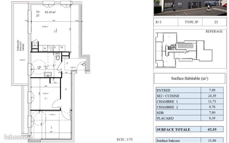 Appartement T3 meublé 62 m2