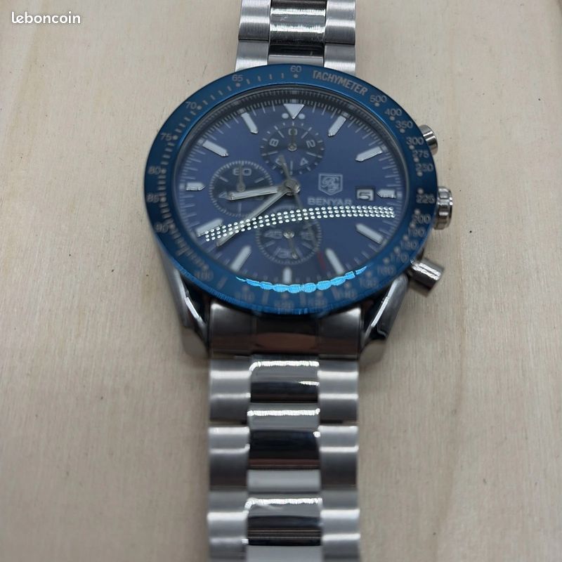 BENYAR Montre Homme Chronographe Quartz - Acier Bleu Argenté - Étanche 30m - Cadran Date - Cadeau Homme