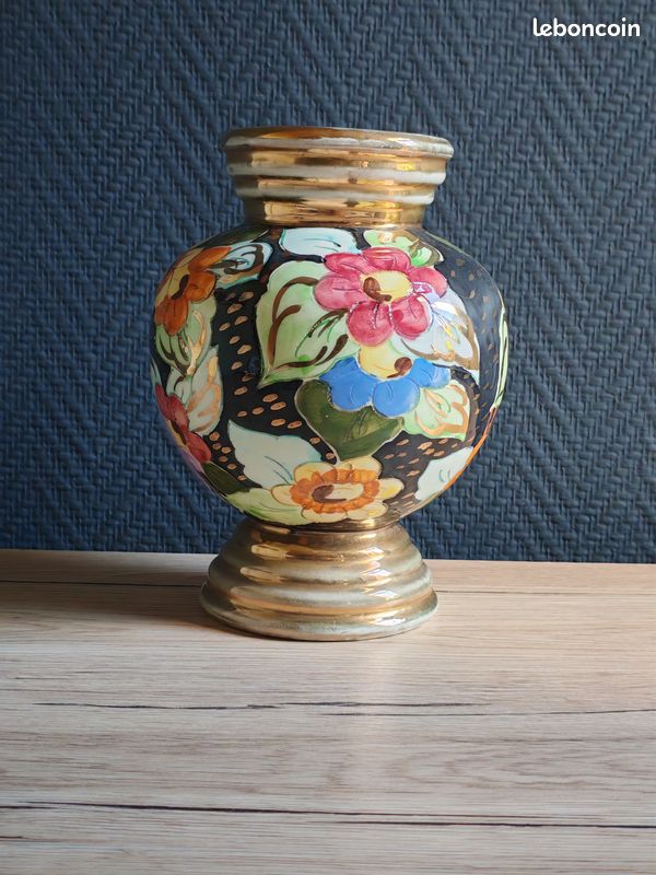 Vase Vintage Céramique Arte Veneziana, Décor Fleurs Peint Main et Dorure Or, Poterie Italienne Ancienne, Déco Shabby Chic Bohème (image 2)
