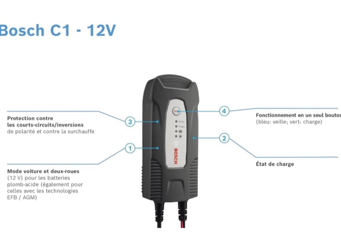  Bosch C3 - Chargeur de Batterie Intelligent et Automatique -  6V/12 V / 3.8 A - pour Batteries Plomb-Acide, GEL, Start/Stop EFB,  Start/Stop AGM pour Motos et Voitures et Petits Utilitaires