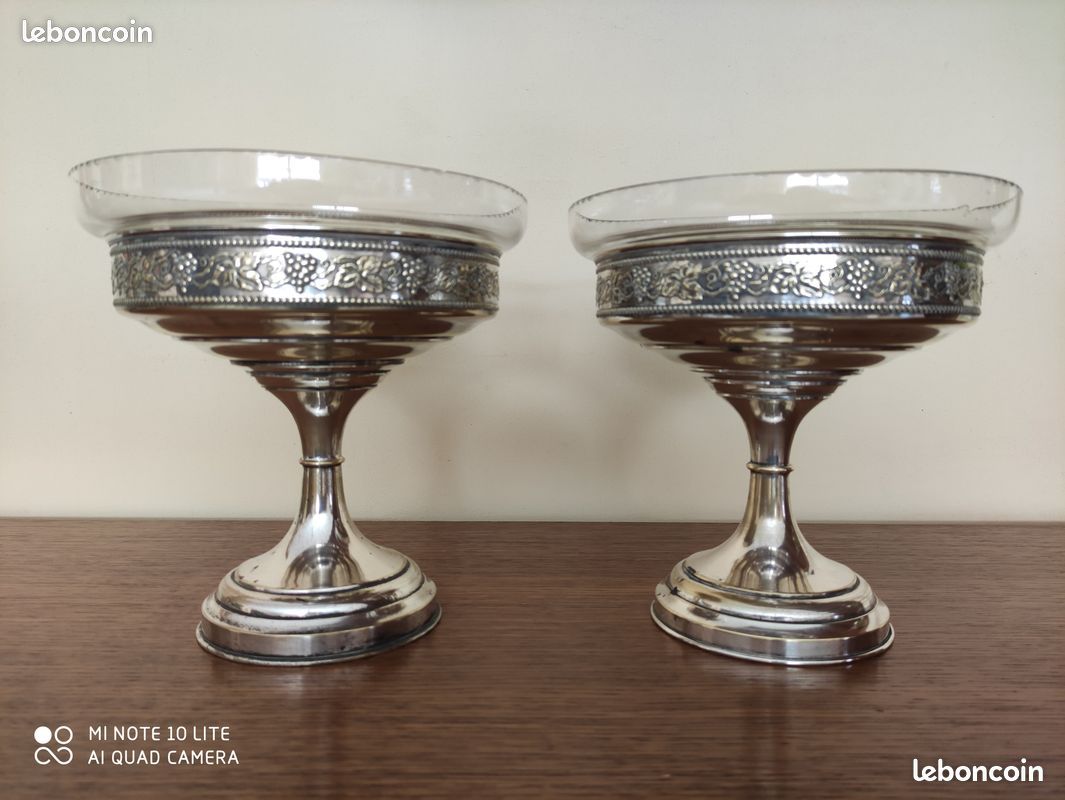 Paire Coupes Art Déco Métal Argenté et Verre Taillé (image 1)