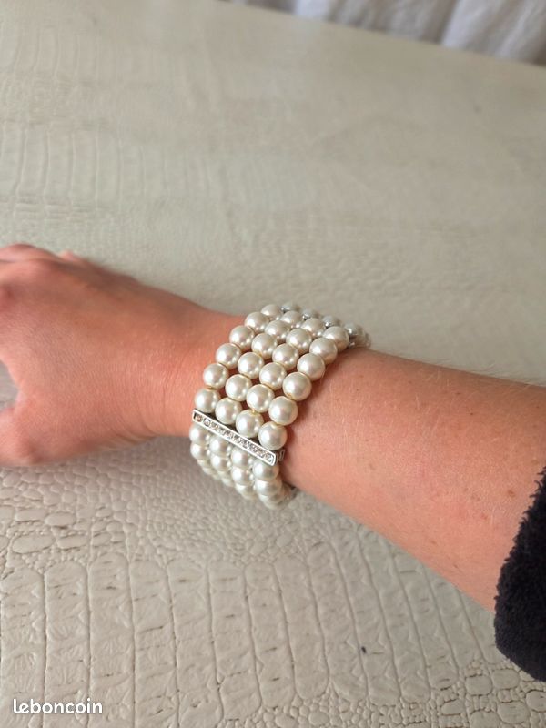 Bracelet élastique 2 Rangs Perles Et Strass Argenté Blanc - Neuf Avec étiquettes, Fantaisie Unisexe