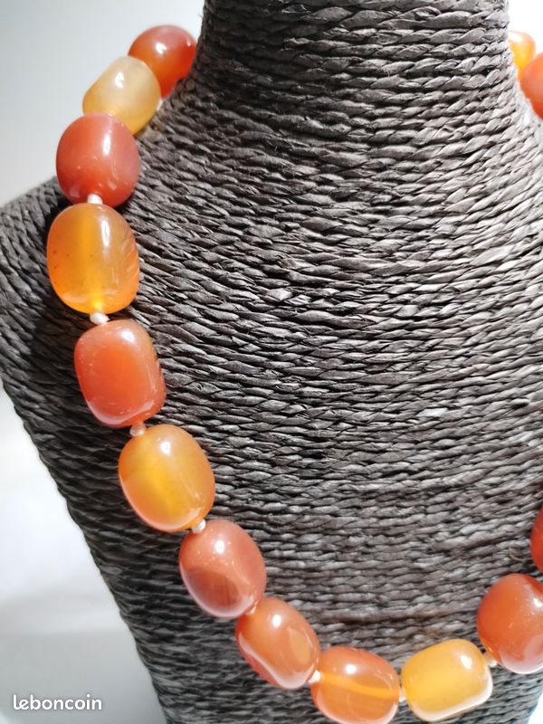 Collier Ancien En Pierres Naturelles Orange - Longueur 88 Cm - Très Bon État (TBE)