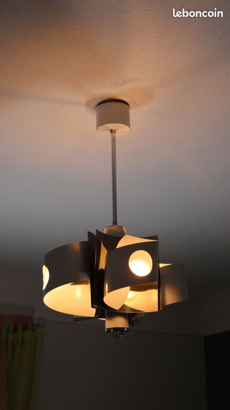 Lustre 4 Feux en Acier Laqué Blanc et Chrome - Vintage , Space Age / Rétro Futuriste , Années 70 (image 5)
