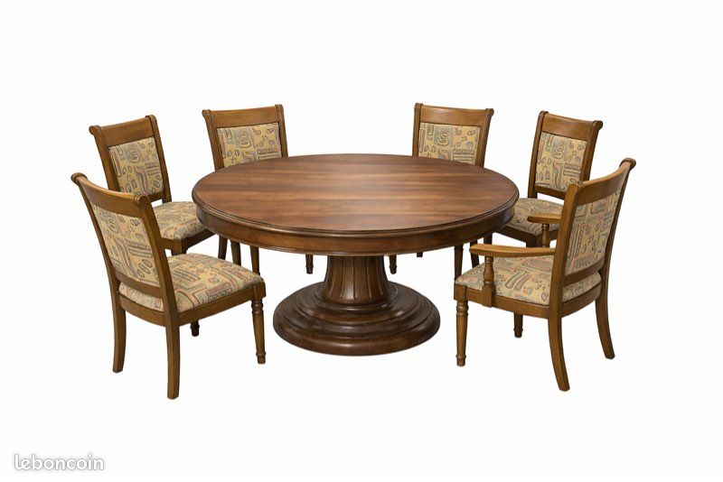 Table Ronde En Bois Peint Beige + 2 Rallonges Et 6 Chaises Assorties – Occasion
