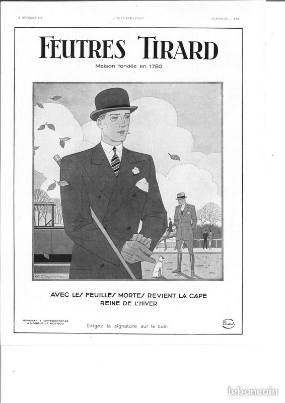 Ω∆· Publicités originales * Feutres TIRARD (©1930) La cape, coiffure d'hiver de l'homme élégant (image 1)