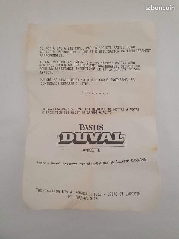 Pichet à eau en plastique Pastis Duval Anisette Vintage à collectionner.
Neuf, avec son papier d'origine (image 4)