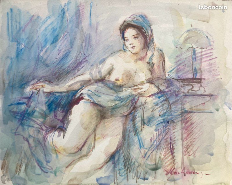 Hovhannes Haroutiounian XXe Dessin aquarellé Nu Femme allongée elegante Arménien (image 1)