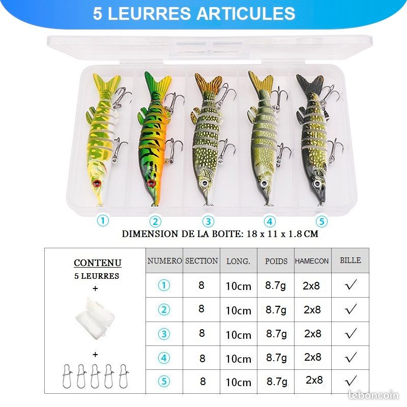 Realure Lot de 3 leurres de pêche multi-articulés avec traces