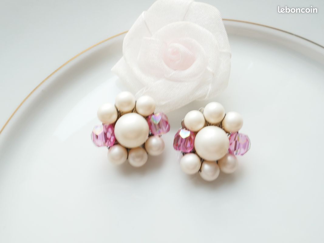 Boucles D'oreilles Anciennes Clips - Strass Rose Et Perles De Verre - Laiton - Occasion