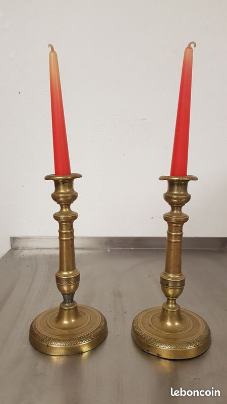 2 Bougeoirs cuivre patine doré 19 -ème (image 1)