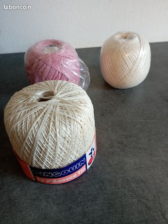 3 Pelotes De Coton Perlé écru, Bleu Et Rouge - Pour Crochet Ou Tricot - Fil Main
