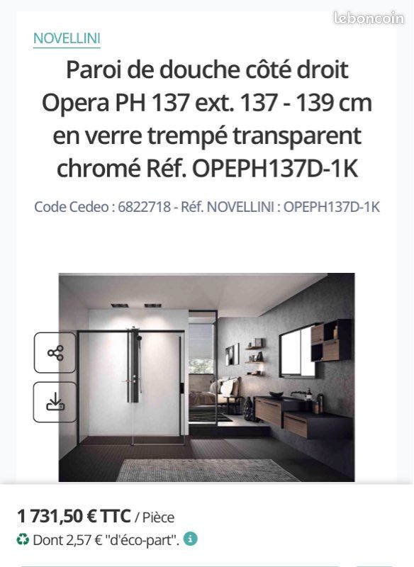 Paroi de douche côté droit Opera PH 137 ext. 137 - 139 cm en verre trempé transparent chromé Réf. OPEPH137D-1K (image 5)