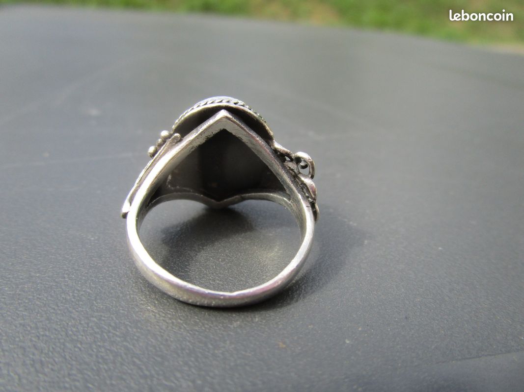 Bague Ancienne Marquise En Argent Sertie D'onyx Noir Octogonal - Taille 59