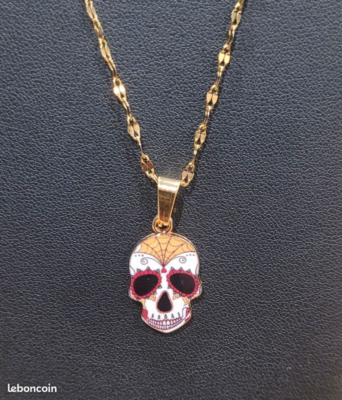 Chaine Acier inoxydable dorée et son Pendentif Tête de Mort – 3 – Neuf (image 1)