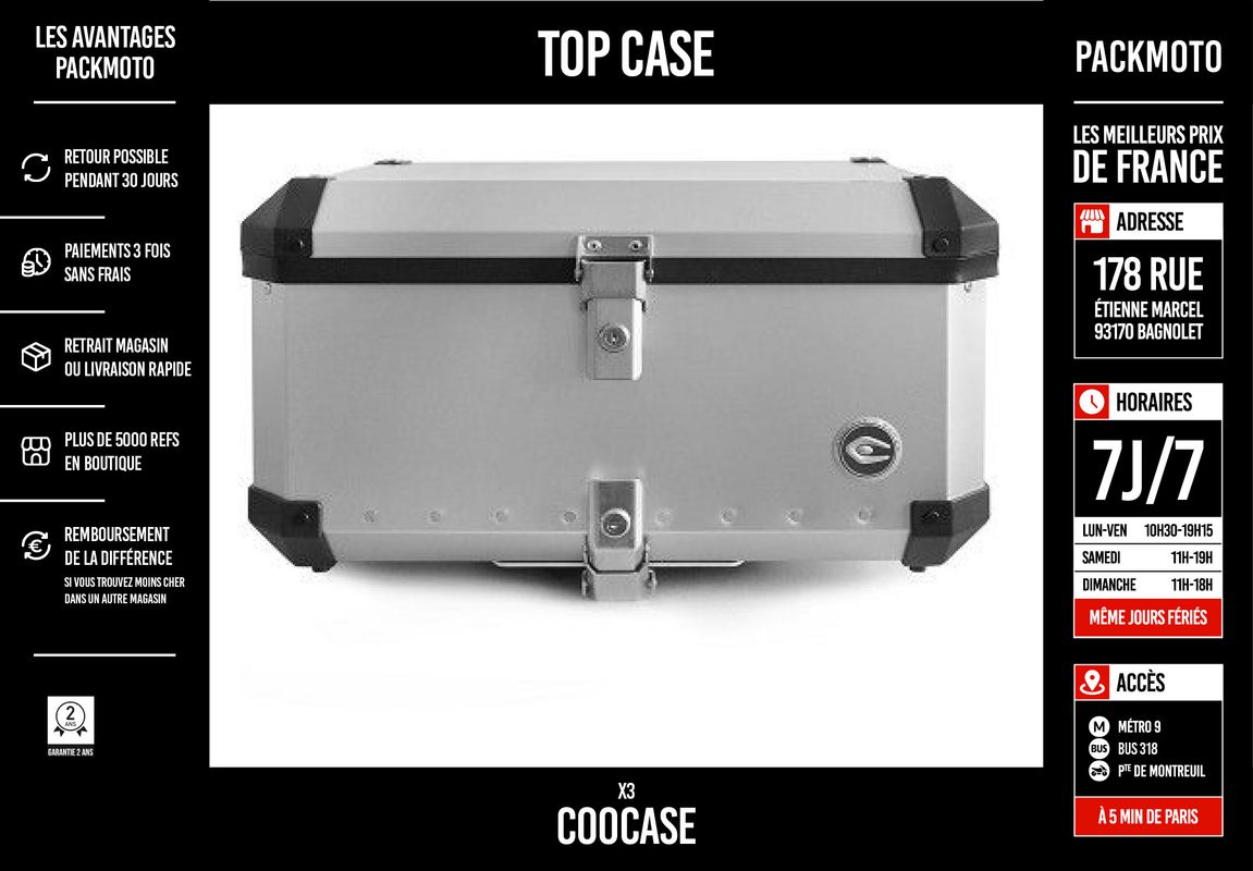 Top Case Aluminium - COOCASE X3 (60 Litres - 2 Casques) - NEUF - Équipement  moto
