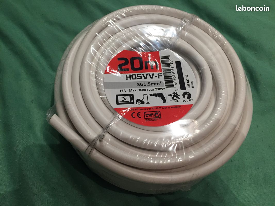 Bobine 20 m câble souple 3x1,5 mm2 blanc H05VV-F (image 1)