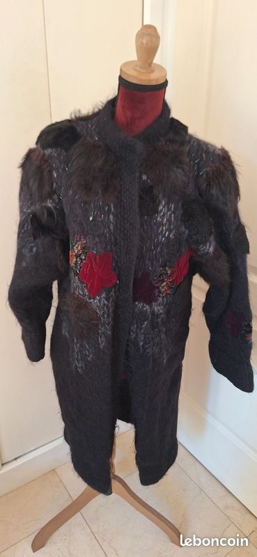Manteau noir bordeaux / vintage / laine et velours (image 2)