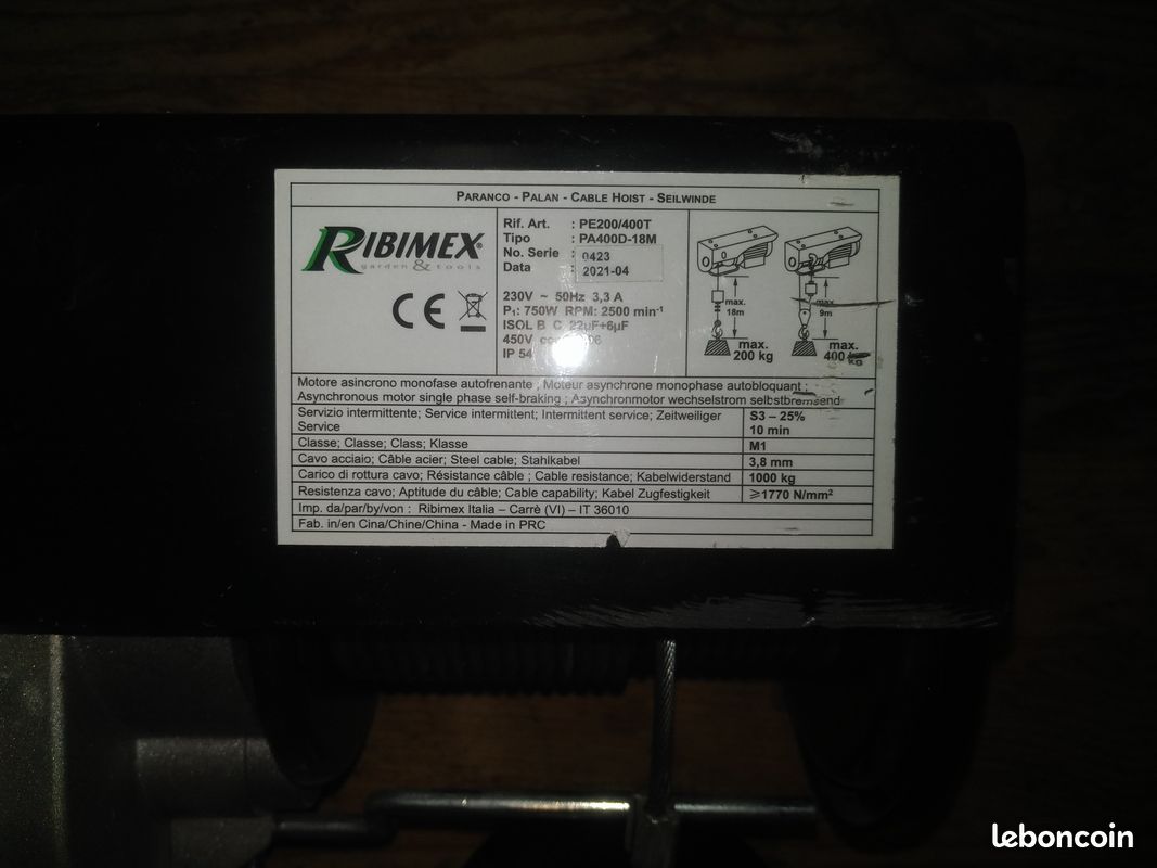 Palan électrique 200/400kg, câble 18m de long avec télécommande, marque Ribimex (image 4)