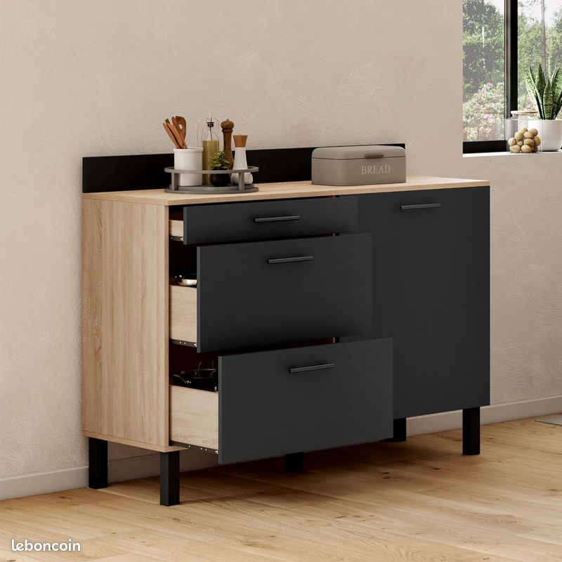Buffet Bas Casserolier de Cuisine 120 cm - Plan de Travail Hauteur 83 cm - Coloris Hêtre et Noir (image 5)