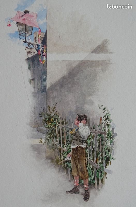Cerf Volant Jeu d'enfant Aquarelle originale vers 1895 dessin 19e signé John MENTA (image 1)