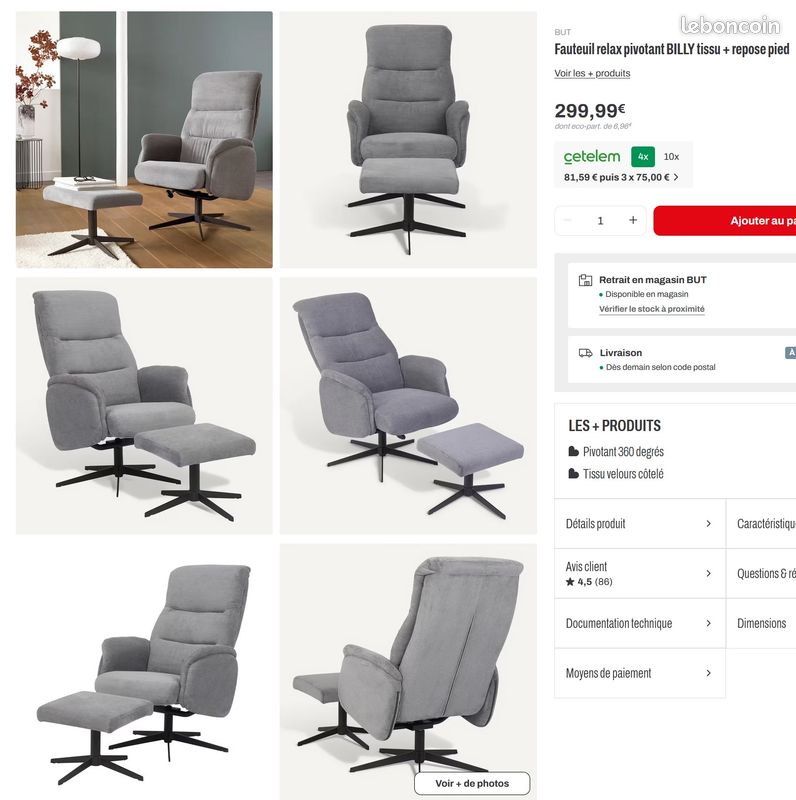 Fauteuil relax pivotant BILLY tissu + repose pied (image 3)