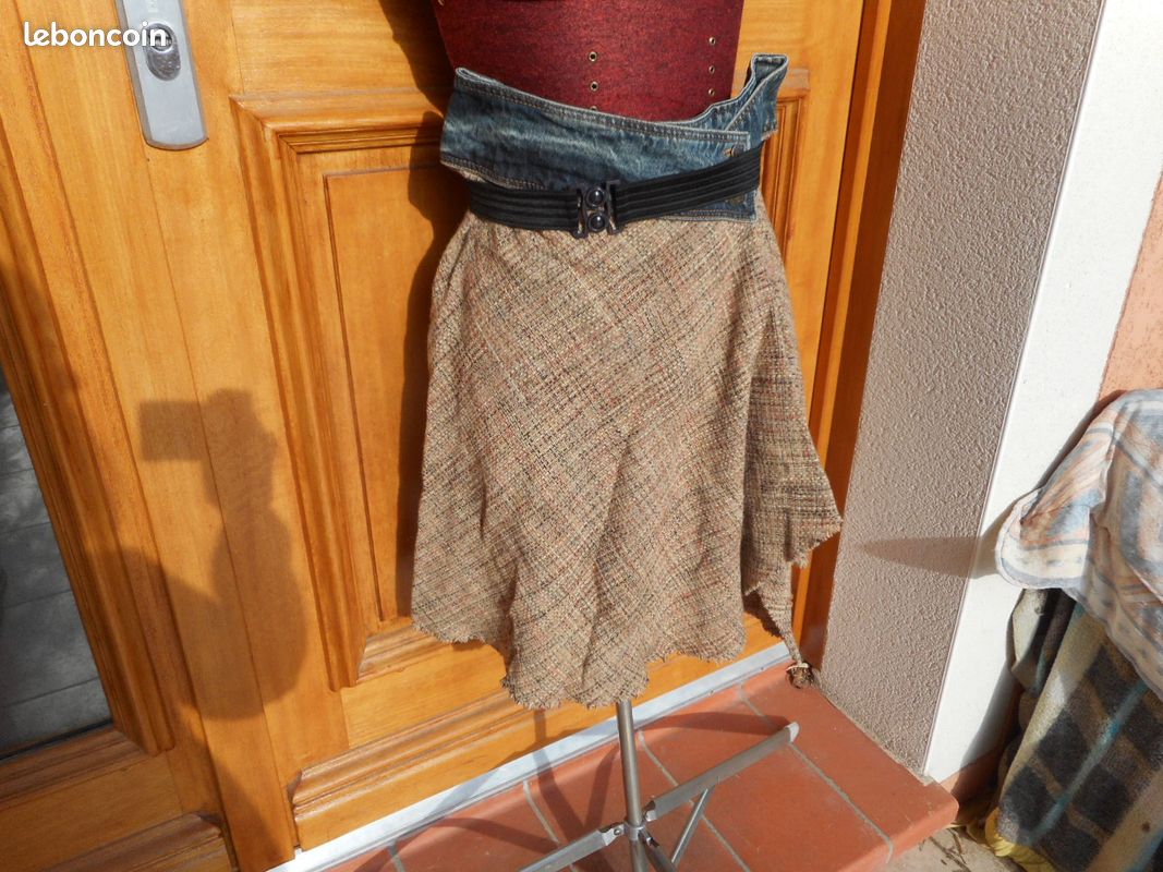 Jupe mi longue évasée beige mouchetée ceinture jean T 42 KOOKAI (image 7)