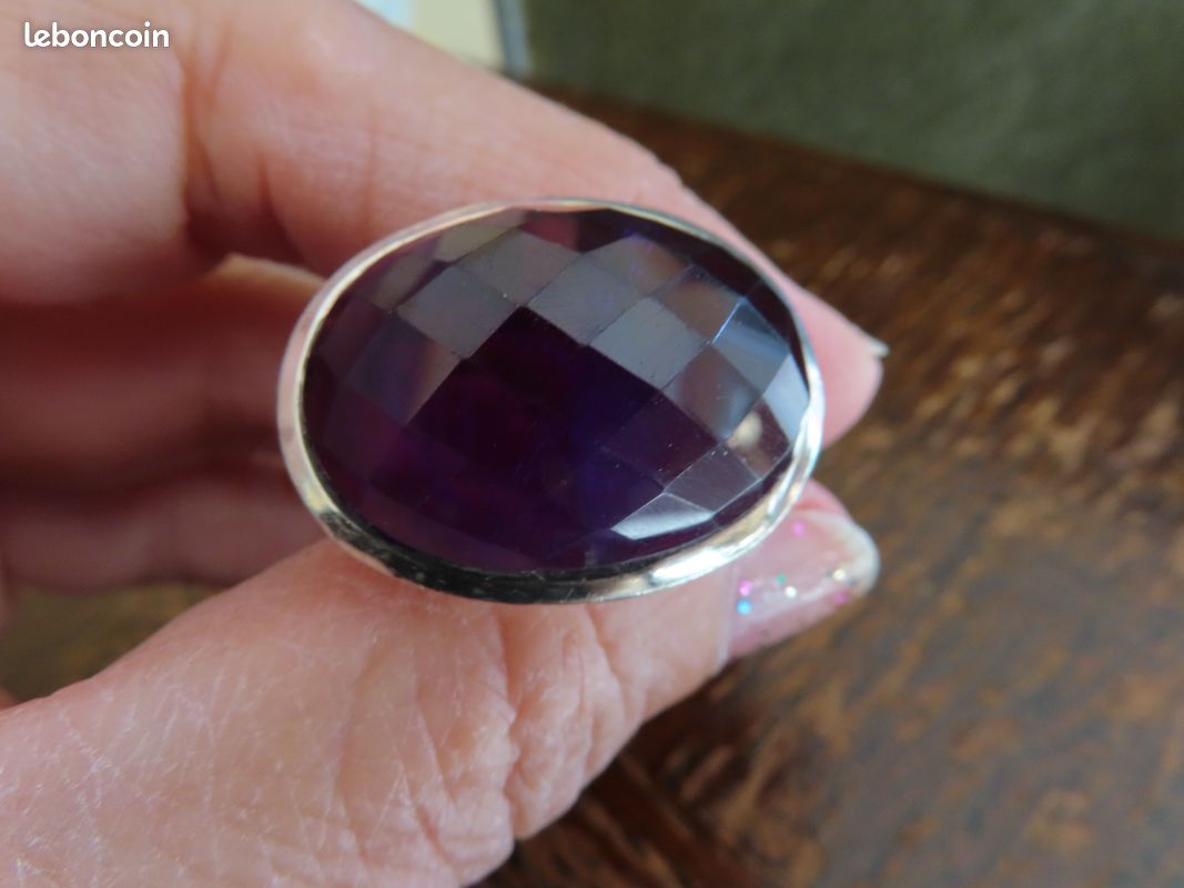 Bague En Argent Massif Avec Perle D'améthyste - Taille 64 - Occasion - Pierre Violette Et Argenté