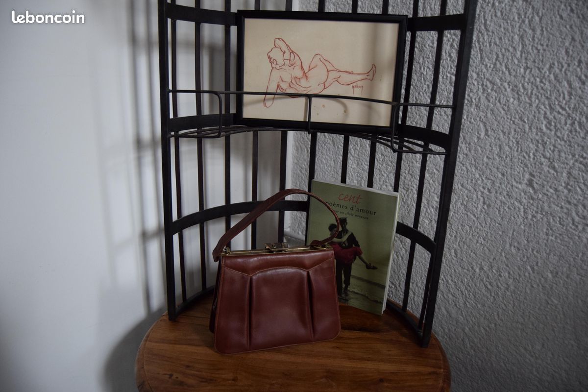 Sac à Mains Vintage En Cuir Marron - Fermeture Métallique - Occasion Rétro