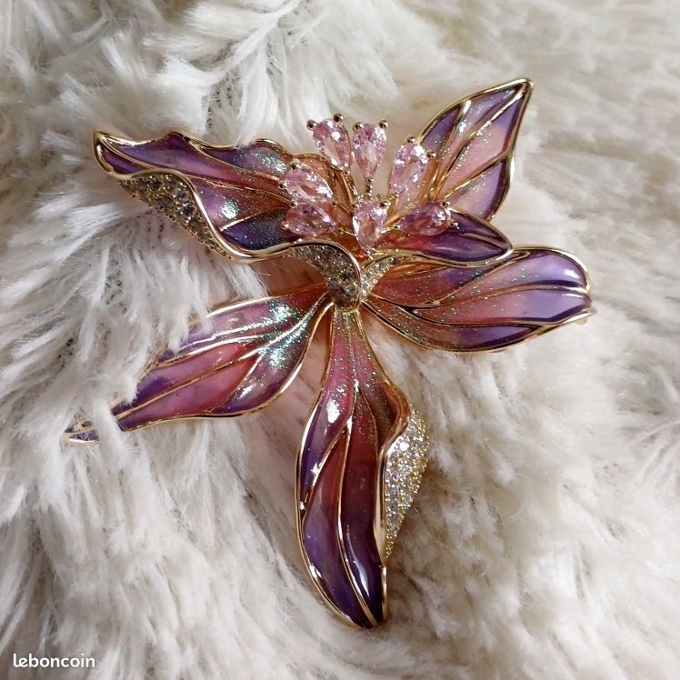 Broche Vintage Fleur Marguerite En Métal émaillé Rose Fluo Et Jaune - Bijou Fantaisie Femme Occasion