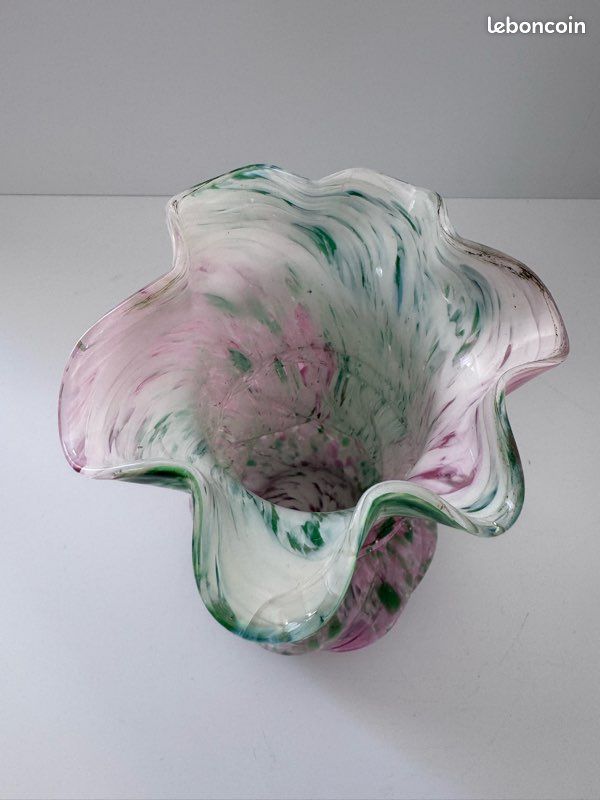 Grand Vase Torsadé en Verre de Murano - Rose et Vert Moucheté - Vintage 1950 (image 4)