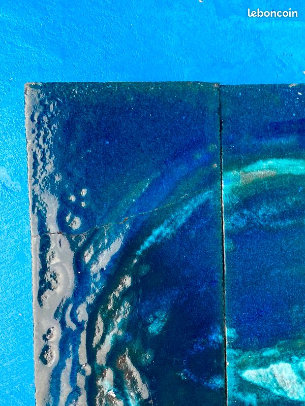 Panneau mural céramique émaillée artisanale - Décor abstrait bleu vintage 70s (image 6)