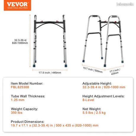 Déambulateur VEVOR Pliable En Aluminium – Hauteur Réglable – Capacité 158kg