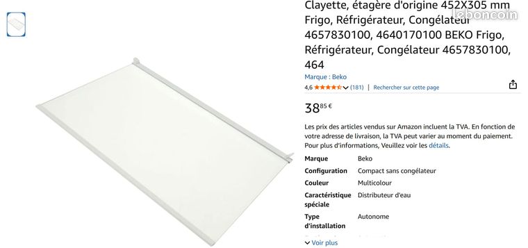 Clayette Etagère Origine BEKO 452x305 Mm Réfrigérateur Congélateur 4657830100 4640170100