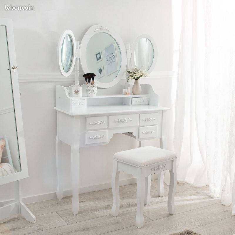 Coiffeuse Vicco Ruben Blanche Avec Miroir, 4 Tiroirs Et Tabouret Design Inclus