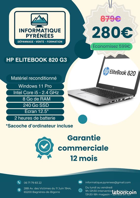 Écran De Remplacement 12.5" LED Pour HP EliteBook 820 G3 - Résolution WXGA 1366x768 - Connecteur 30 Pins - Neuf 1 An Garantie