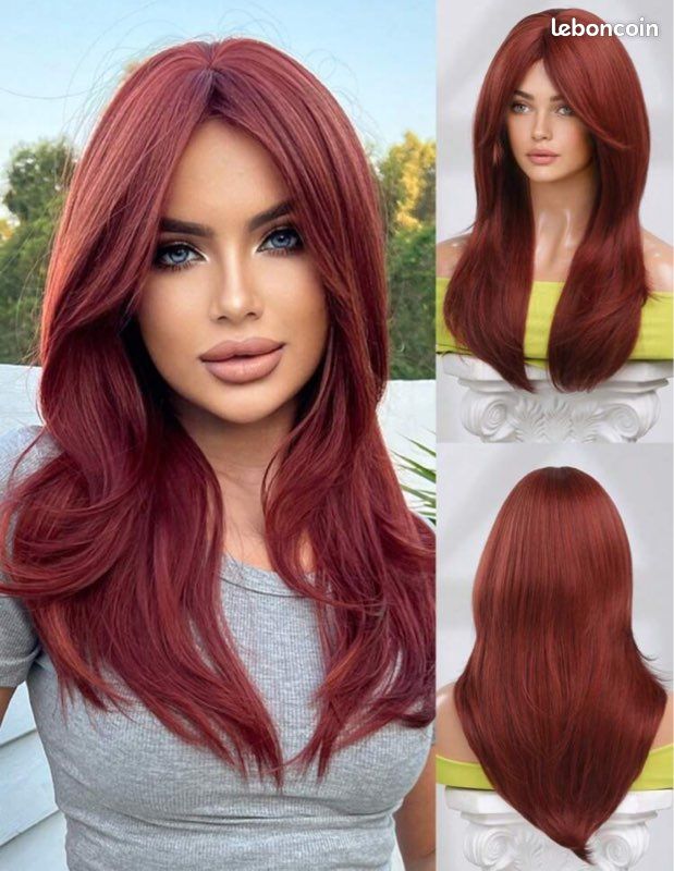 Perruque Longue Rouge Foncé Lisse à Frange - Synthétique - Bonnet Classique Femme